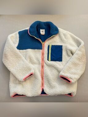 Cream Sherpa Teddy Jacket with Blue Yoke and Pocket